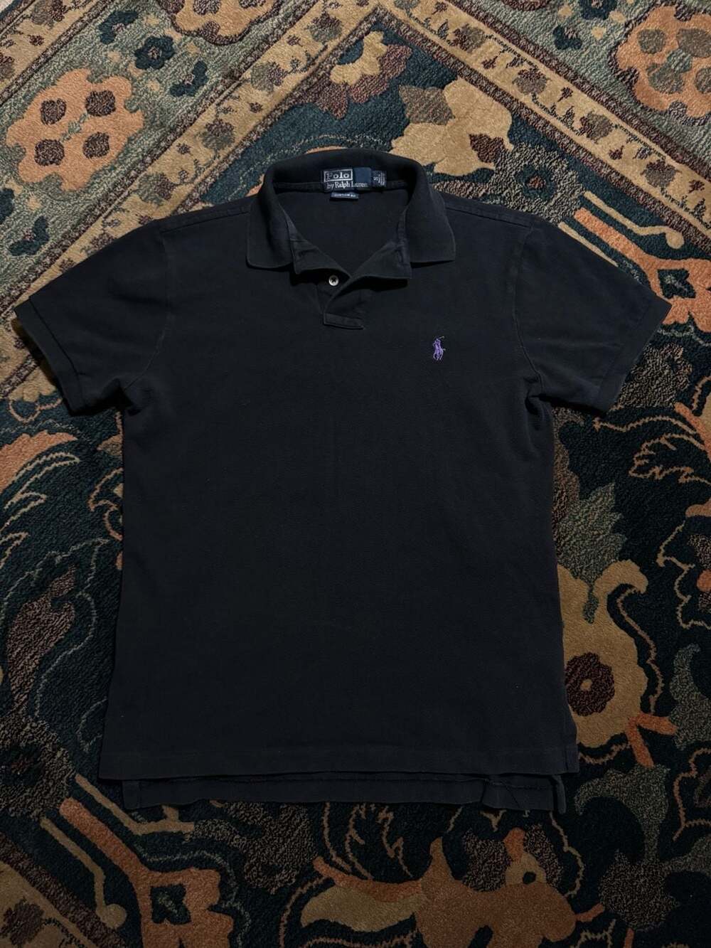 Polo Ralph Lauren Men's Custom Fit Pique Polo Shirt Black with Purple Pony Size